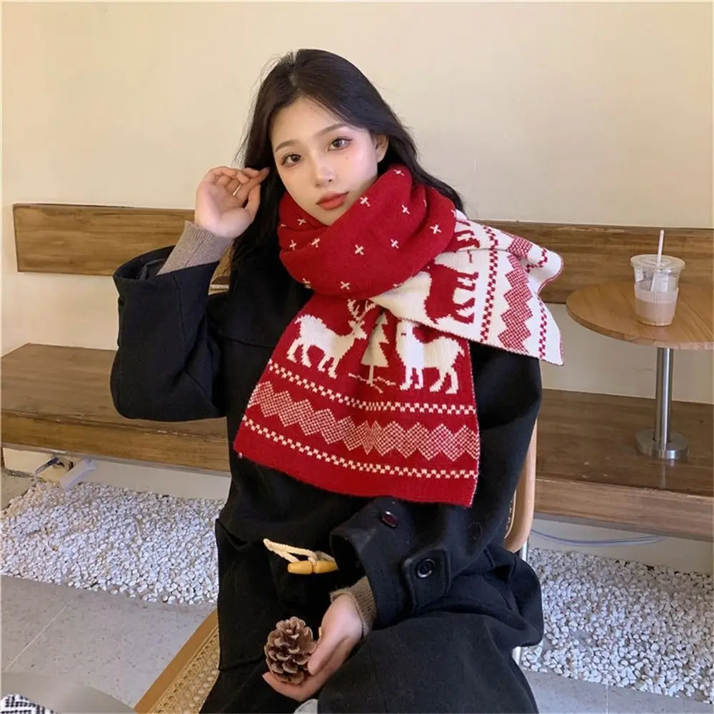 Christmas Long Scarf Knitted Red Scarf Outdoor Winter Warm Womens Printed Snowflake Scarves Double-sided Neckerchiefs Shawl