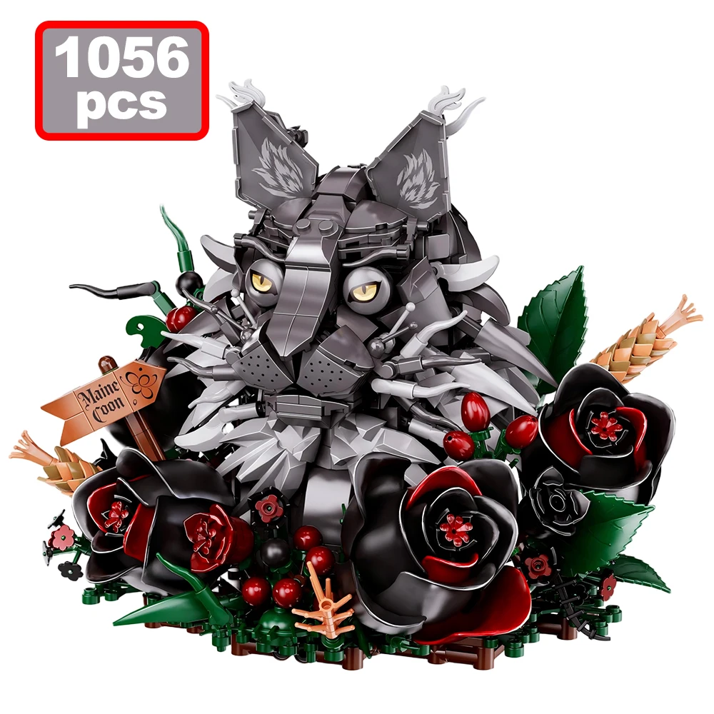 MOC Maine Coon Kat Bloem Model Bouwstenen Stad Creatieve Roos Decoratieve Desktop Ornament Dierenstenen Montage Speelgoed Geschenken