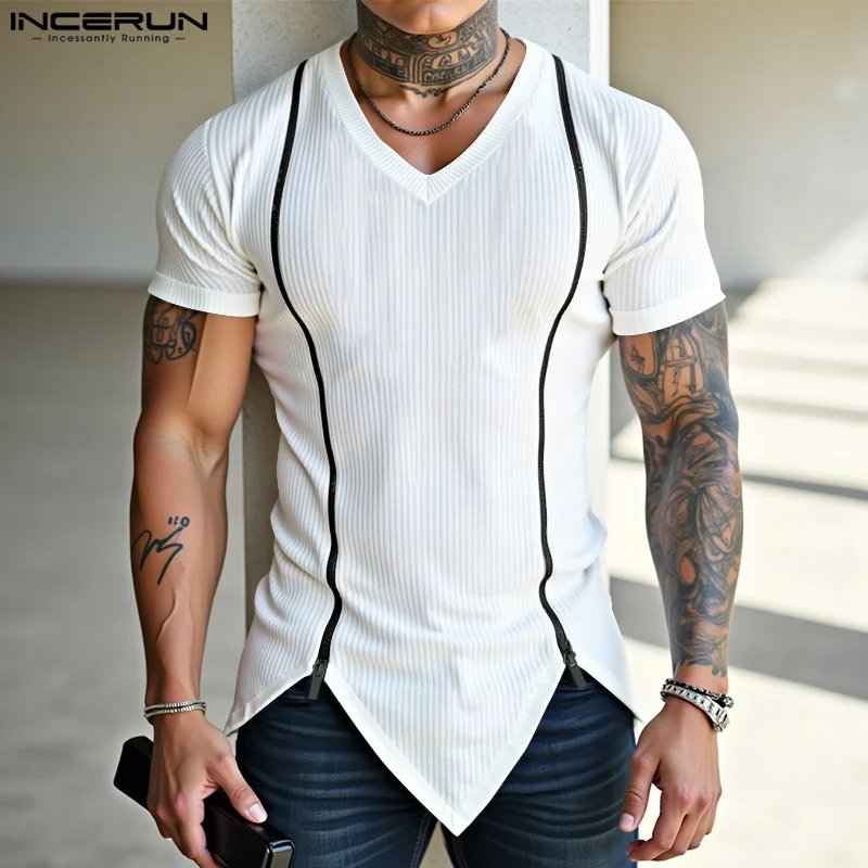 

INCERUN Men Irregular T Shirt V Neck Short Sleeve Patchwork Summer 2025 Casual Male Tee Tops Streetwear Stylish Mens Clothing