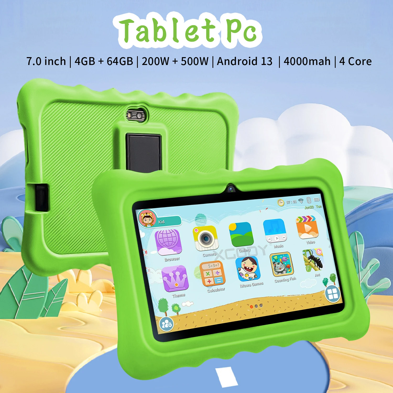 Tableta de 7 pulgadas para niños, cuatro núcleos, 4GB y 64GB, WiFi, Bluetooth, Software educativo instalado, WiFi 5G, batería de 4000mAh