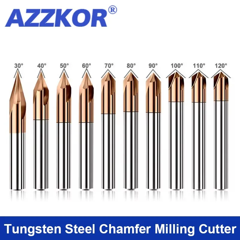 AZZKOR HRC55 fresa per smusso in acciaio al tungsteno fresa in metallo duro a 3 scanalature 30/40/50/60/70/80/90/100/110/120 utensili per