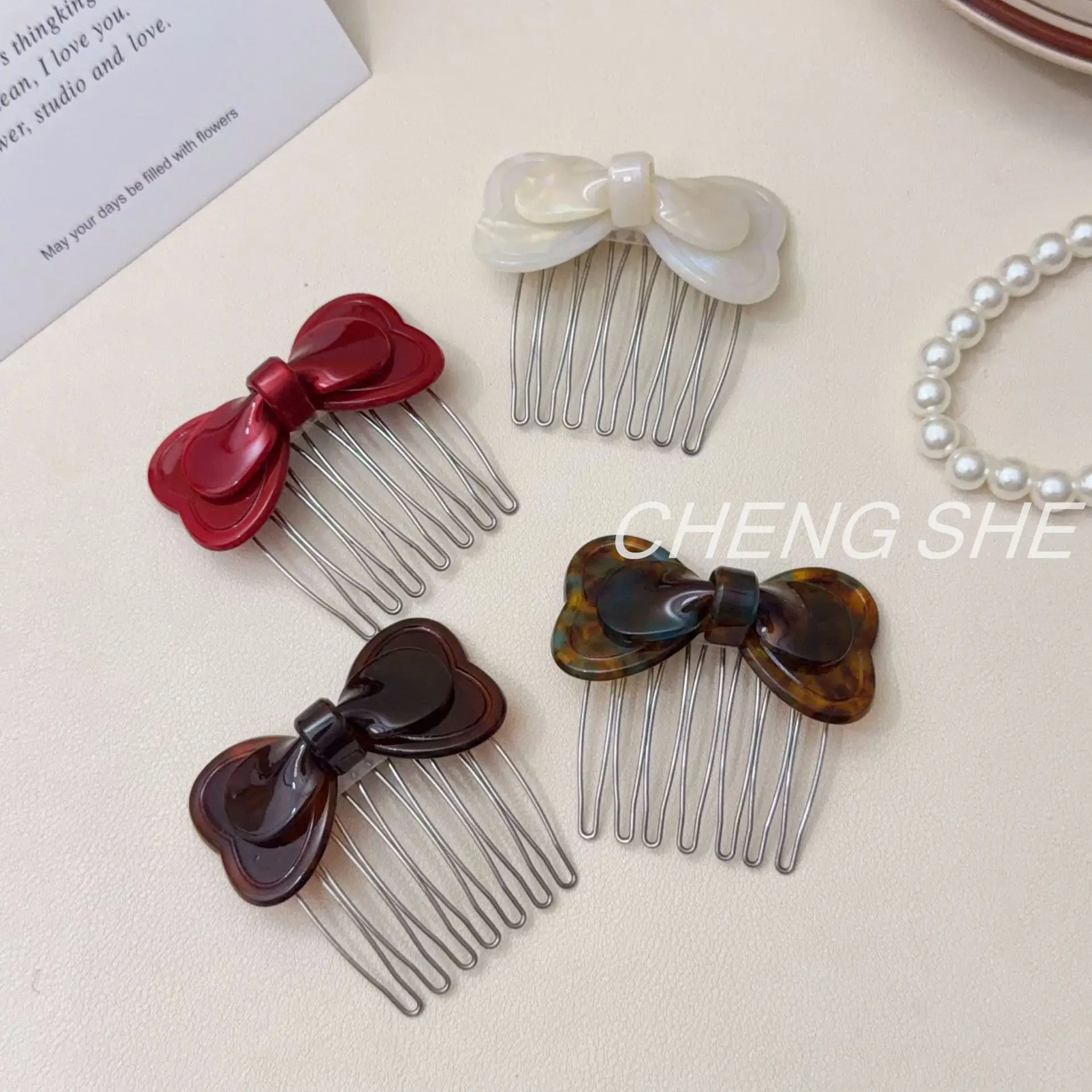 

French retro hair comb acetic acid plate bow plug comb female side bangs hairpin broken hair fixing artifact headdress