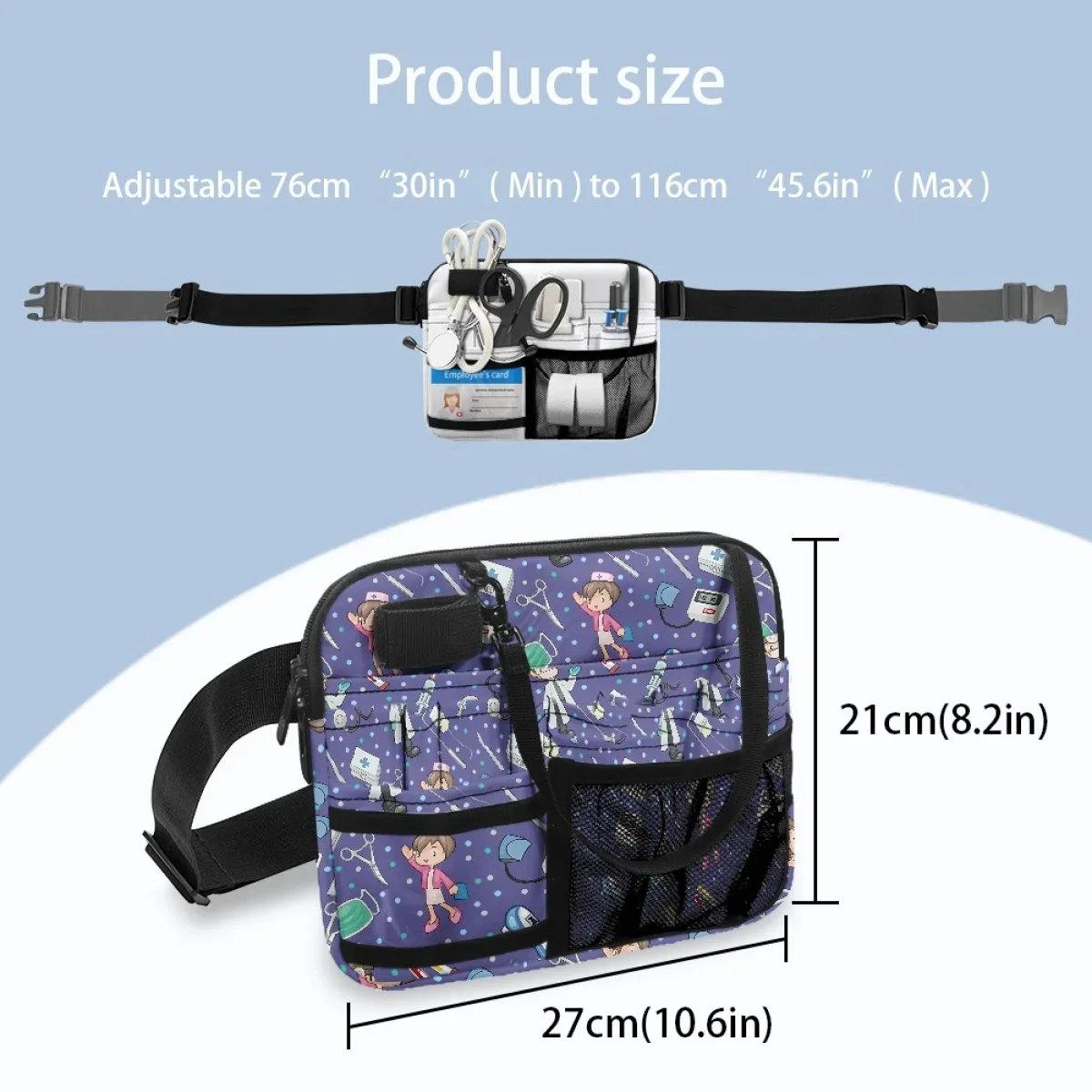 Armazenamento Fanny Pack com Zíper para Homens, Sacos de Cintura, Organizador do Cinto, Enfermeira dos Desenhos Animados, Padrão Médico, Alça Ajustável, Marca