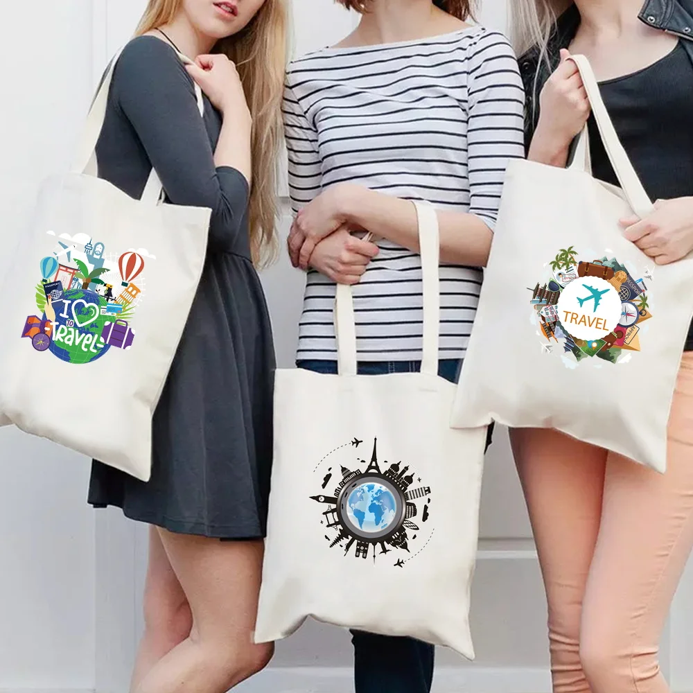 

One Shoulder Canvas Eco-friendly Shopping Bags Travel Series Travel Foldable Storage Pack Multifunctional Commuting Bag
