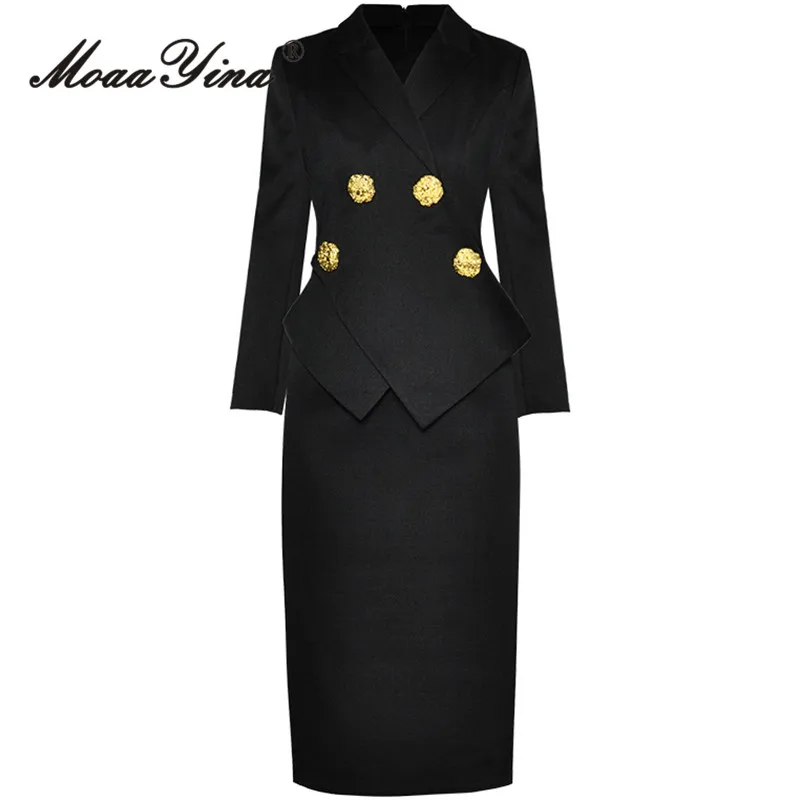 MoaaYina Autumn Fashion Designer Black Vintage Spliced Dress Women Lapel Button High Waist Package Buttocks Slim Long Suit Dress