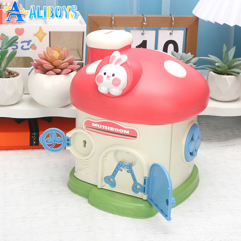 Mushroom House Piggy Bank Key Lock Saving Money Box Cash Storage Cute Large Capacity Pretend Play Toy Children Christmas Gift