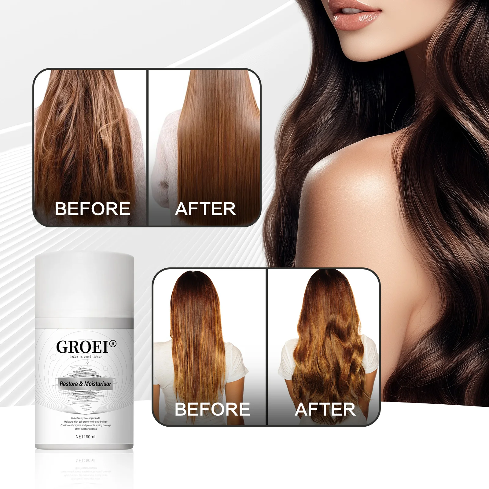 

GROEI 60ml Leave-In Hair Conditioner Repair Split Ends Nourish Hair Roots Mask for Dry and Damaged Hair Care