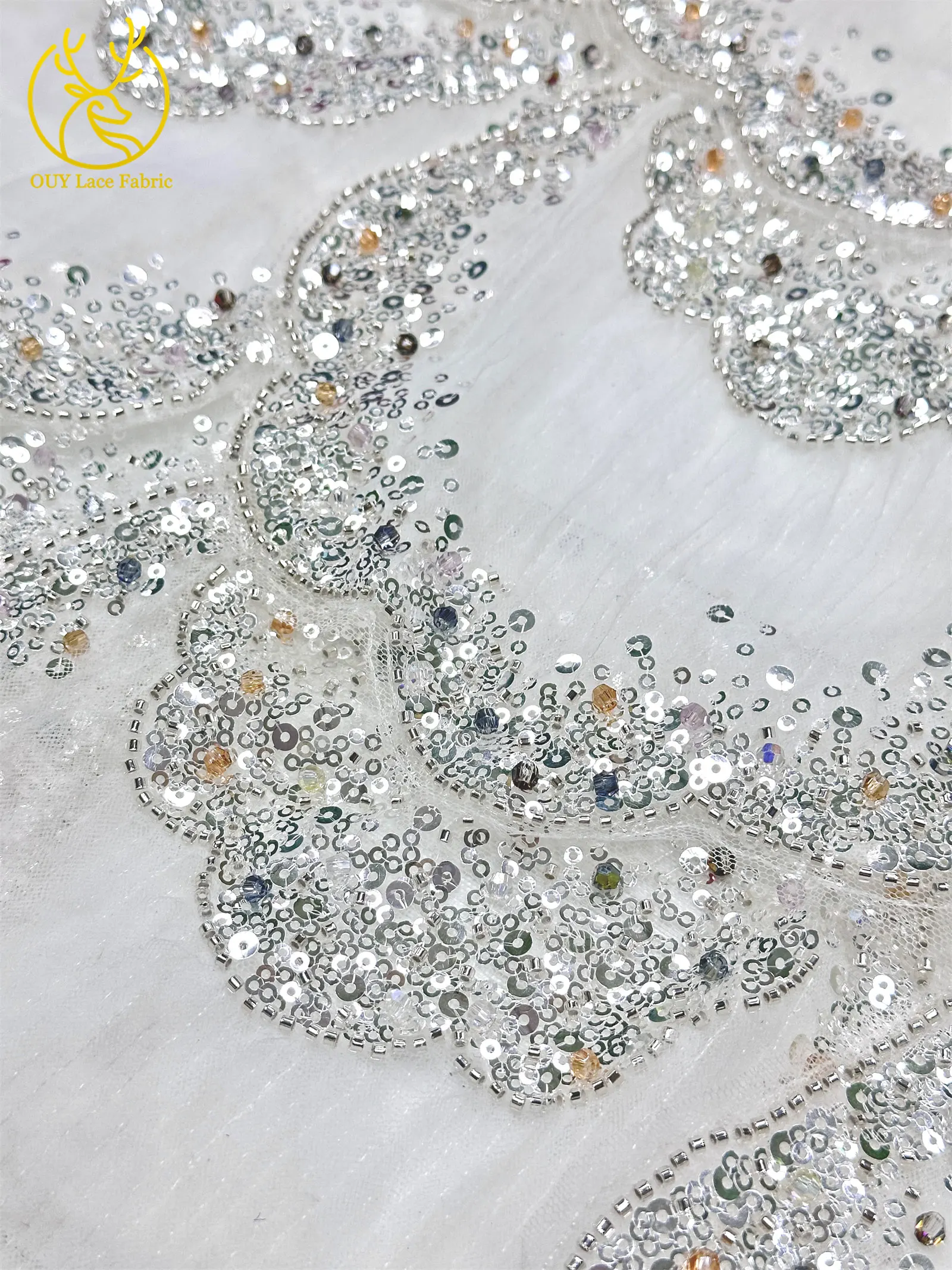 3D-Stickerei mit Pailletten und Perlen, marineblaue afrikanische Spitze, französischer Tüll, Netzspitze für Braut, Hochzeit, DIY, handgemachtes Nähen – Detail 15
