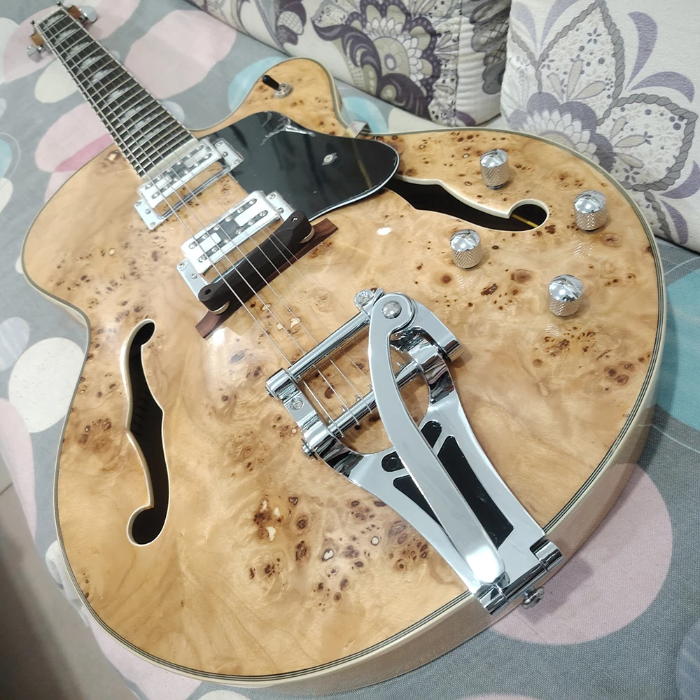 High quality natural wood color rotten wood top electric guitar, large vibrato system, in stock and fast shipping