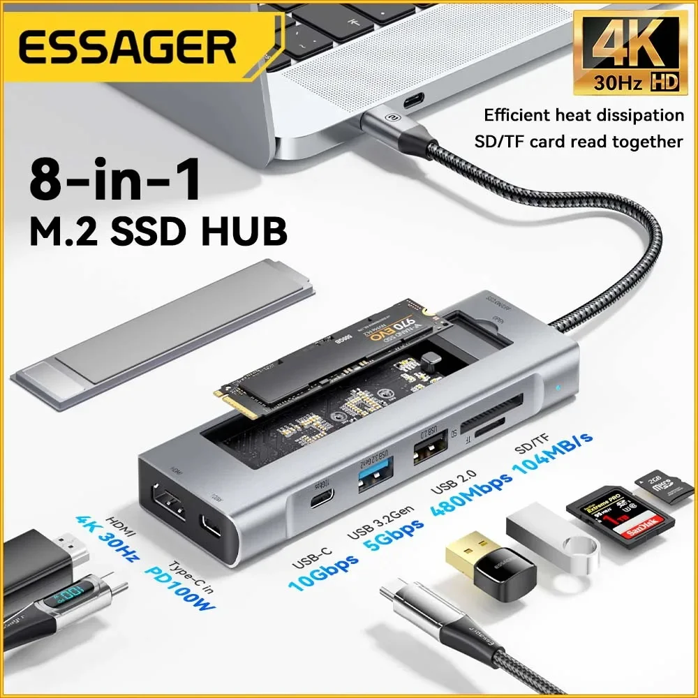 Essager-Divisor Multi-Porta USB 3.0, Adaptador Tipo C para HDMI, Dock Station para Macbook Air M1 M2, Acessórios para PC, USB 3.0