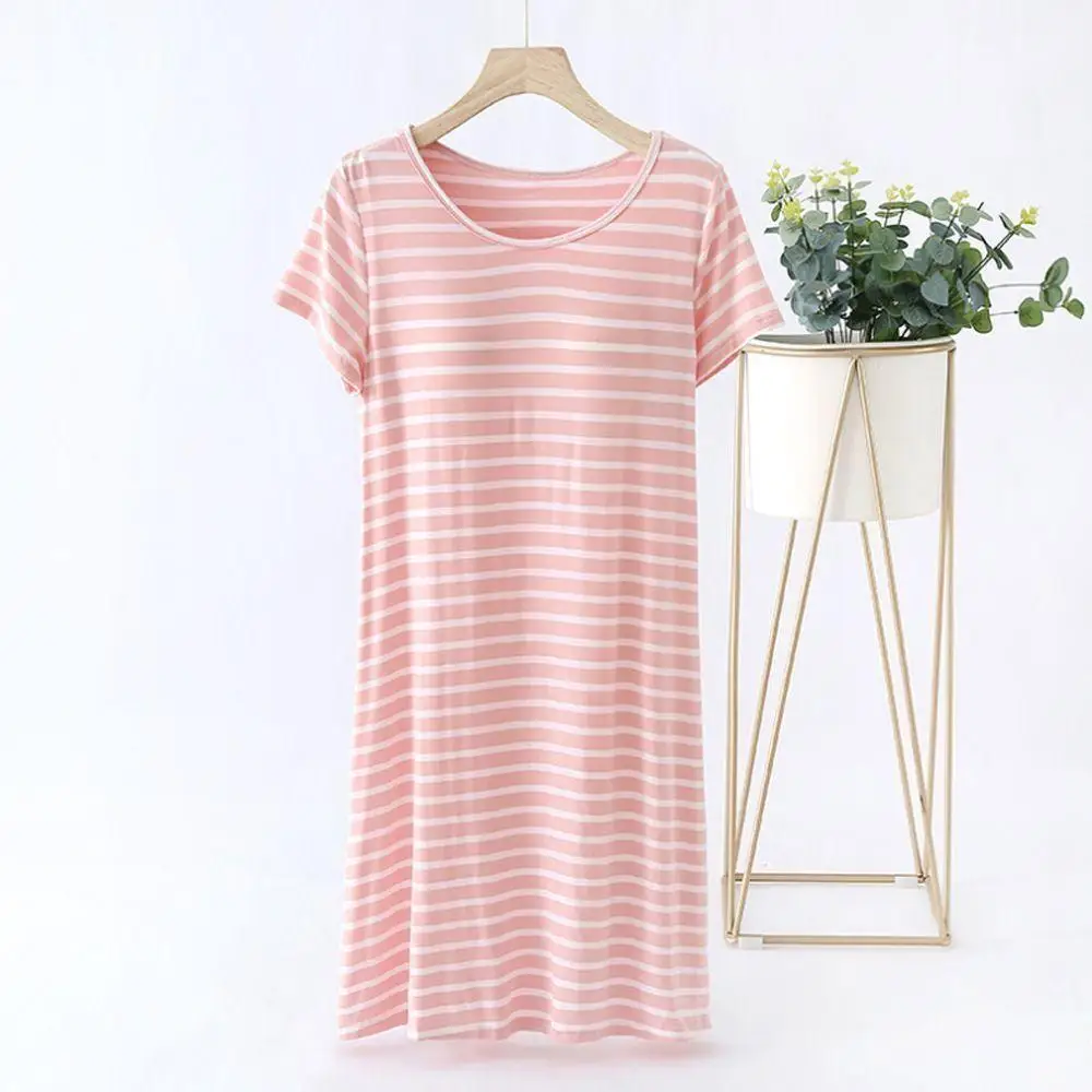 2026 Spring Summer Women Striped Cotton Nightdress Built-in Bra Pad Short Sleeve Midi Sleepwear Loungewear