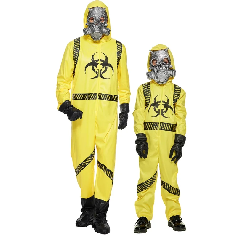 Family Halloween Costume Yellow Biohazard Staff Uniform With Latex Mask Adult Child Jumpsuit Carnival Game NPC Role Playing Suit