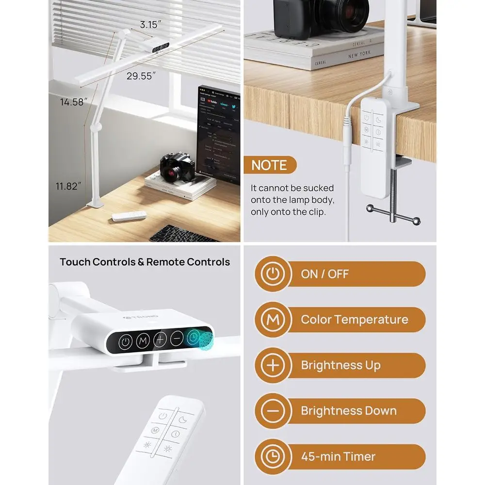 مصباح مكتبي بمشبك قابل للتعديل، طويل 29.55 مع جهاز تحكم عن بعد، سطوع 1500LM، تحكم باللمس للعناية بالعين في المكتب المنزلي، القراءة، و #4