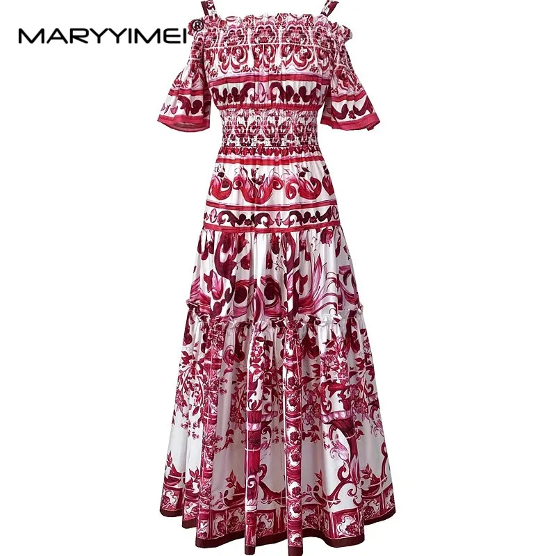 MARYYIMEI Fashion Summer Women's Dress Off shoulder Flare Sleeve Elastic waist Holiday Print Cotton Dresses