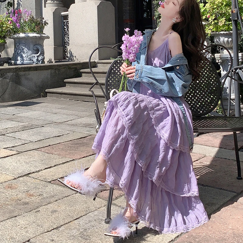 Vestido largo sexi de verano para mujer, vestido Vintage informal con volantes y tirantes Maxi, vestido veraniego para la playa, Vestidos de fiesta de encaje liso elegante