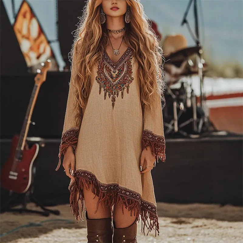 

Foreign Style Tassel Patchwork Design Women's Short Dress Summer Fashion V-neck Loose A-line Dresses Lady Holiday Party Clothing