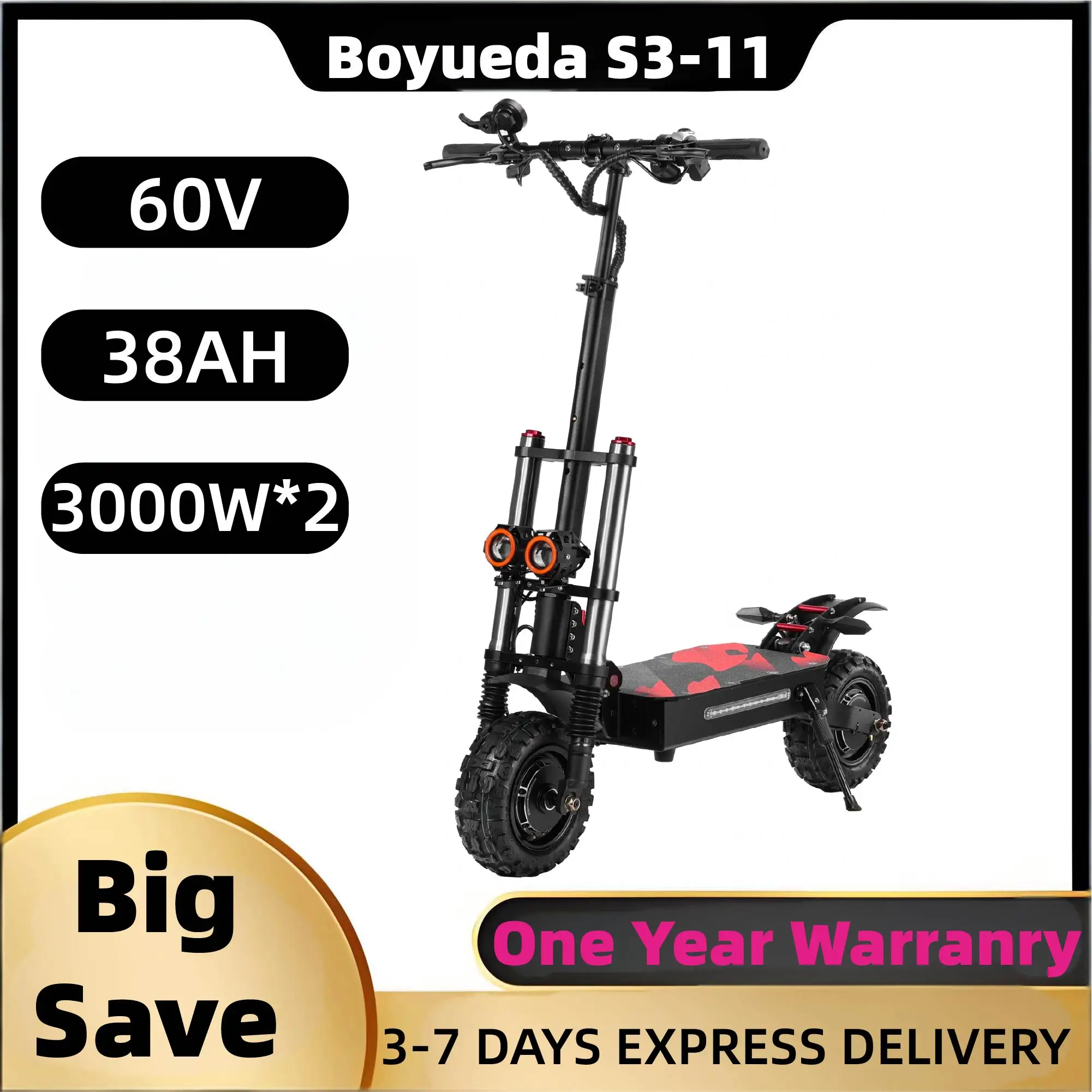 

Boyueda S3-11 Scooter Electronic, Engine 2*3000W, Battery 60V 38AH, 11 inch Engine, Max 85km/h, Freins Hydraulic pour touristes,