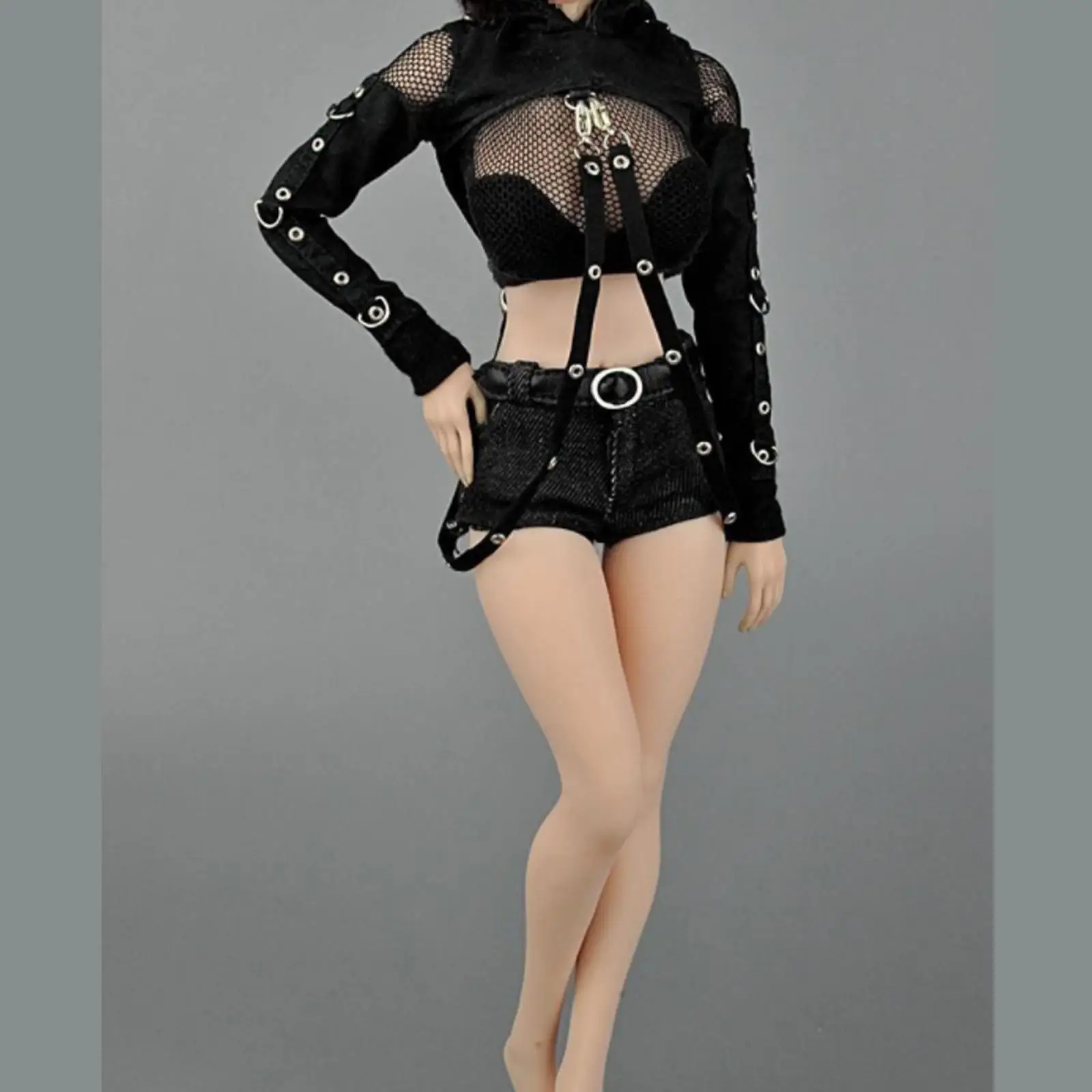 1/6 Female Action Figure Outfit for 12 Inch Soldier Model Black Lace Hollow Top Hooded Jacket Denim Shorts Belt Set