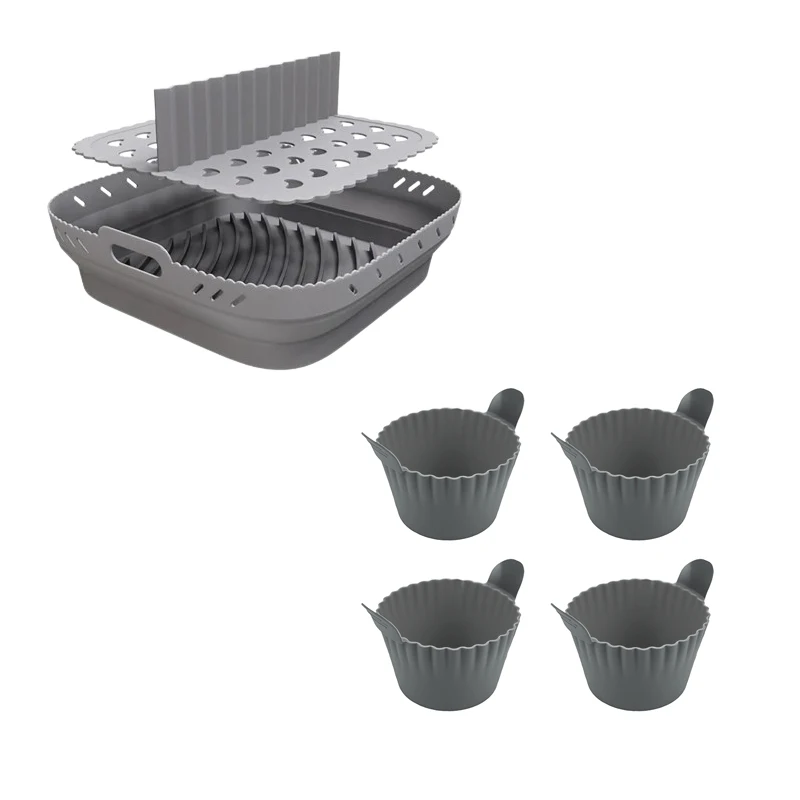 BPA Free Air Fryer Silicone Basket Plate with 4 Egg Cups 8.5Inches Air Fryer Liner Foldable Airfryer with Silicone Baking Cups