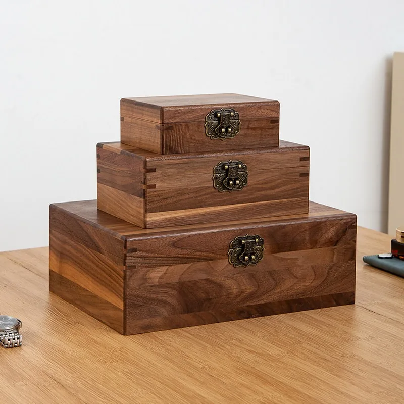 Solid wood retro small wooden box rectangular jewelry storage box with lock wooden black walnut box