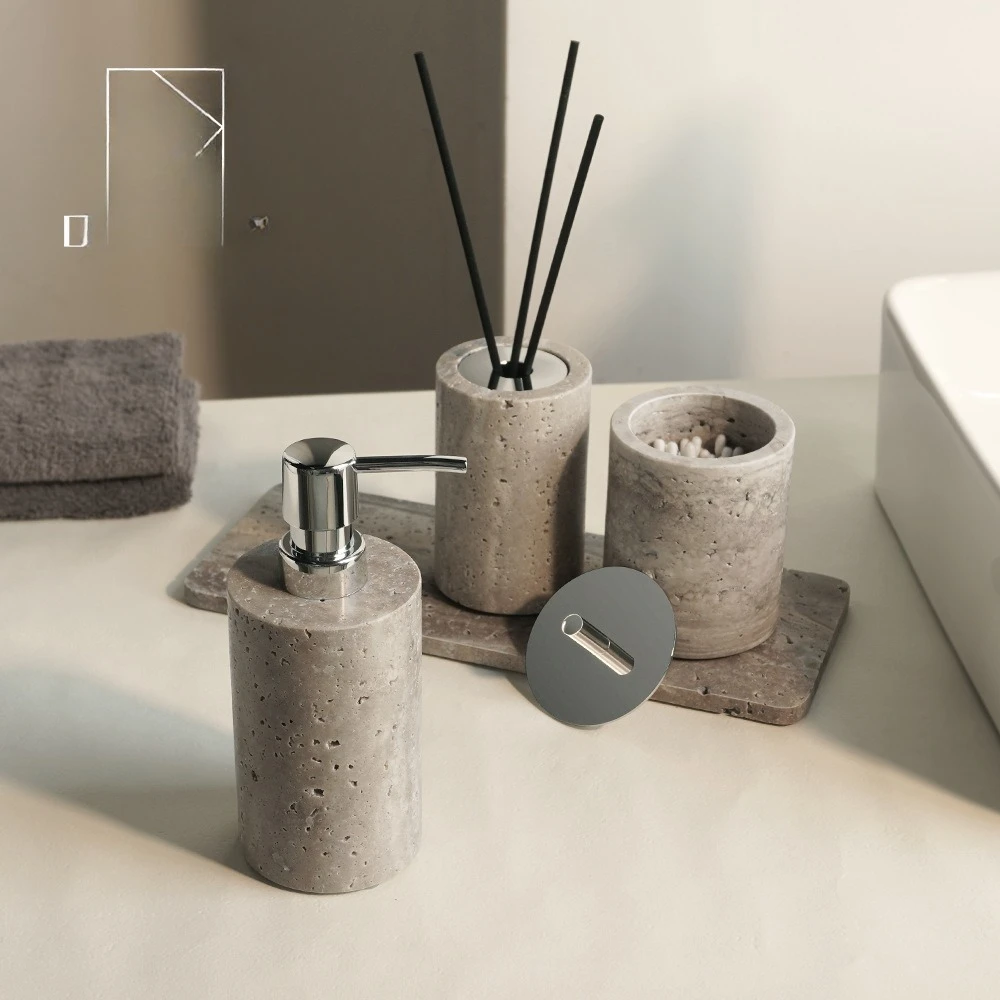 Natural silver gray travertine bathroom five-piece washing set marble sink tray