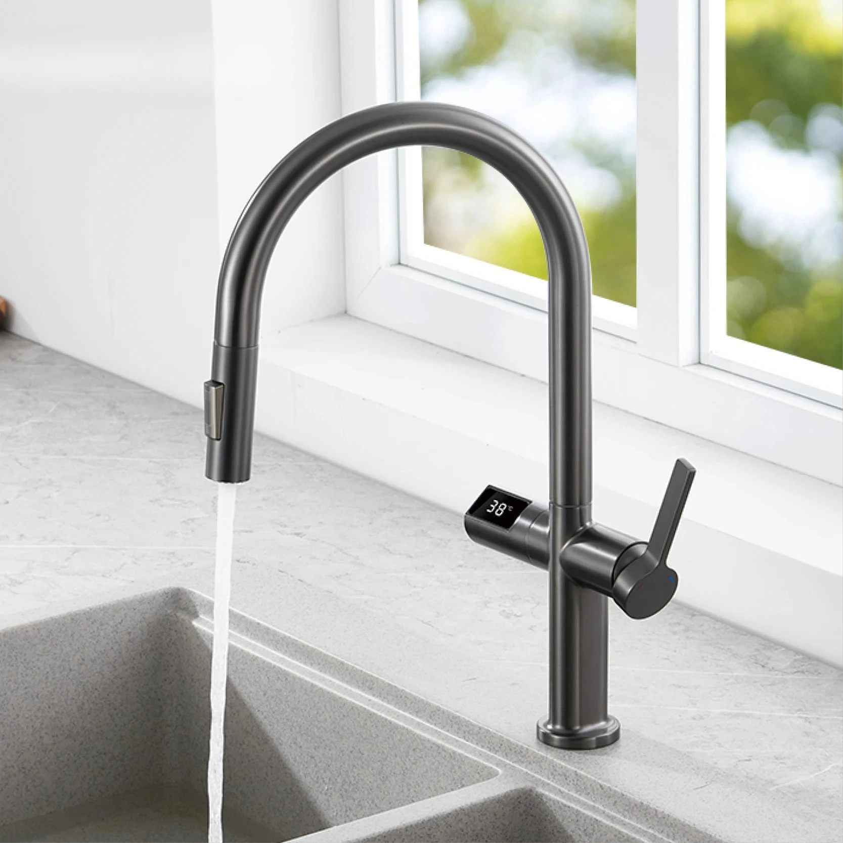 

Brass Gun Gray Kitchen Faucet Digital Sensing Design Single Handle Hot & Cold Water Pull-Out Type 2-Function Sink Tap