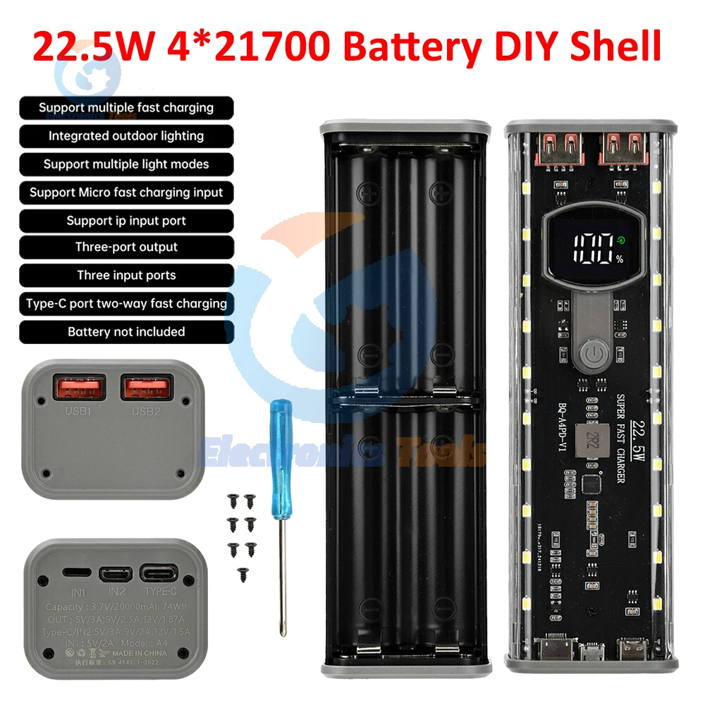 

22,5 Вт 4*21700 аккумулятор DIY Shell цифровая быстрая зарядка мобильные комплекты питания чехол для аккумулятора двойной USB Mecha прозрачная модель с подсветкой