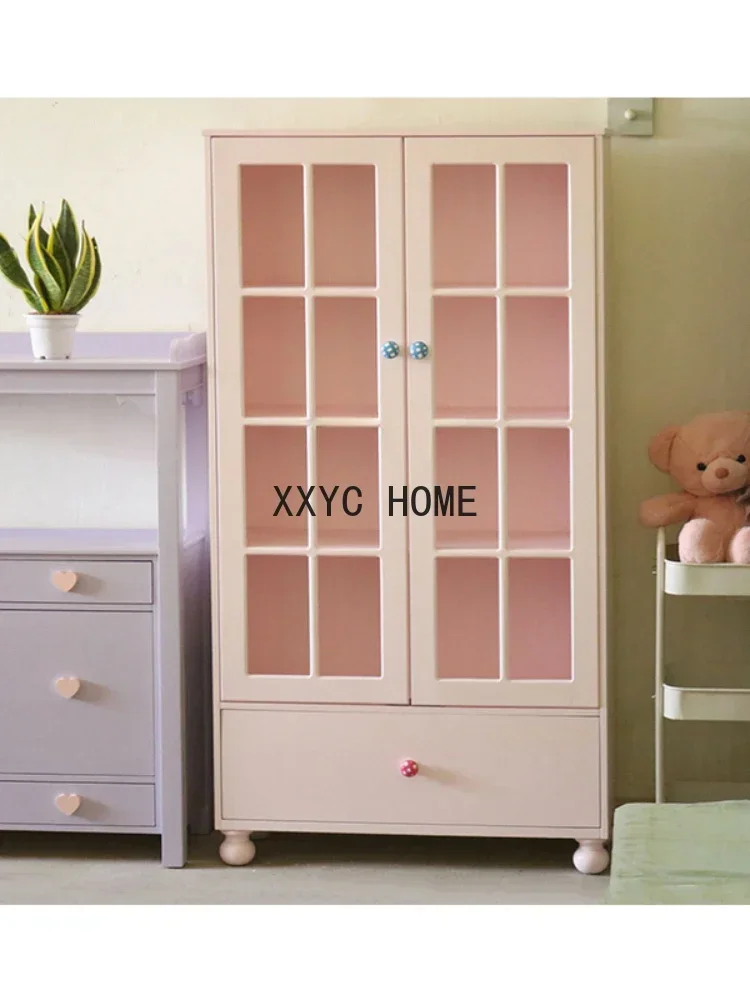 Light Pink Wooden Bookcase Girl Heart Macaron Style Locker Hollow out Glass Cabinet Door