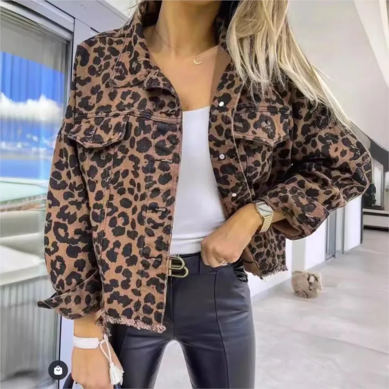 Chaqueta vaquera de leopardo para mujer, abrigo informal con solapa, botones y bolsillo en el pecho, 2024