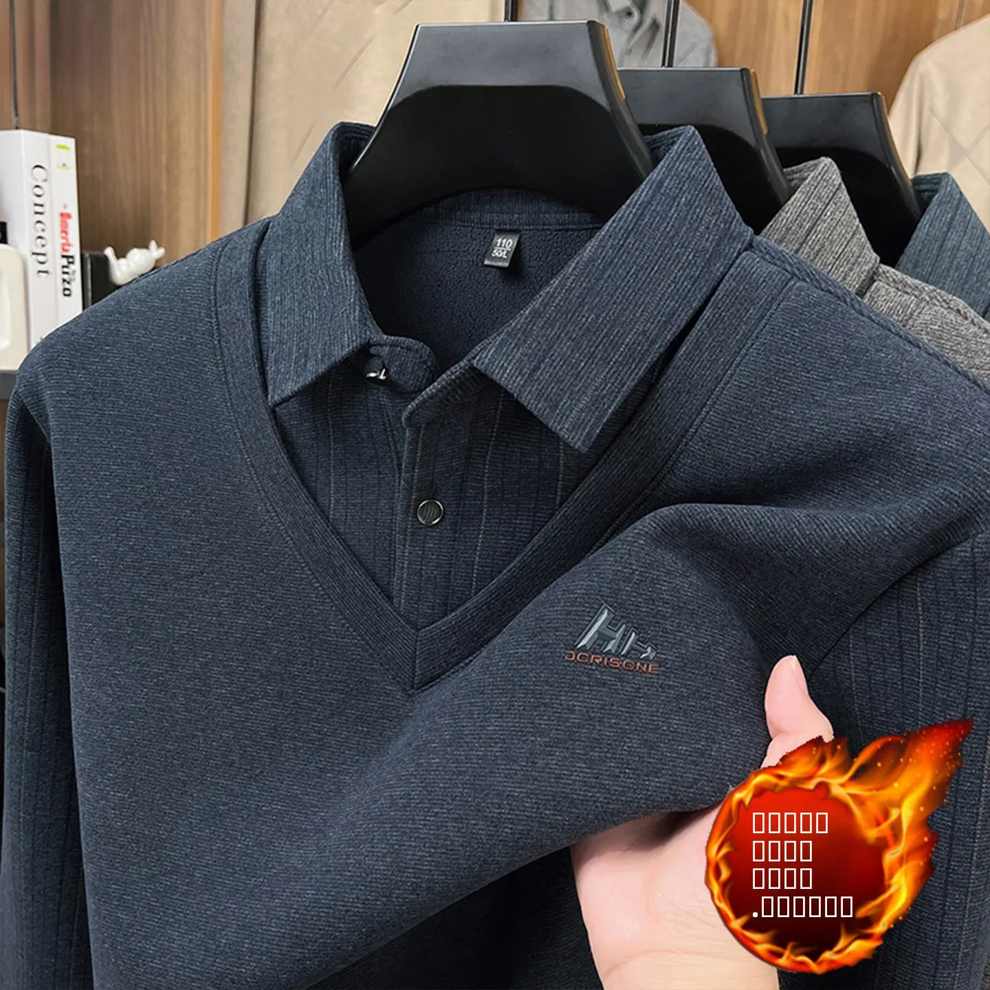 

Thickened Fleece Lined Shirt Collar Base Layer Top for Middle-Aged And Elderly Men Winter Warm Clothes Dad Style Color