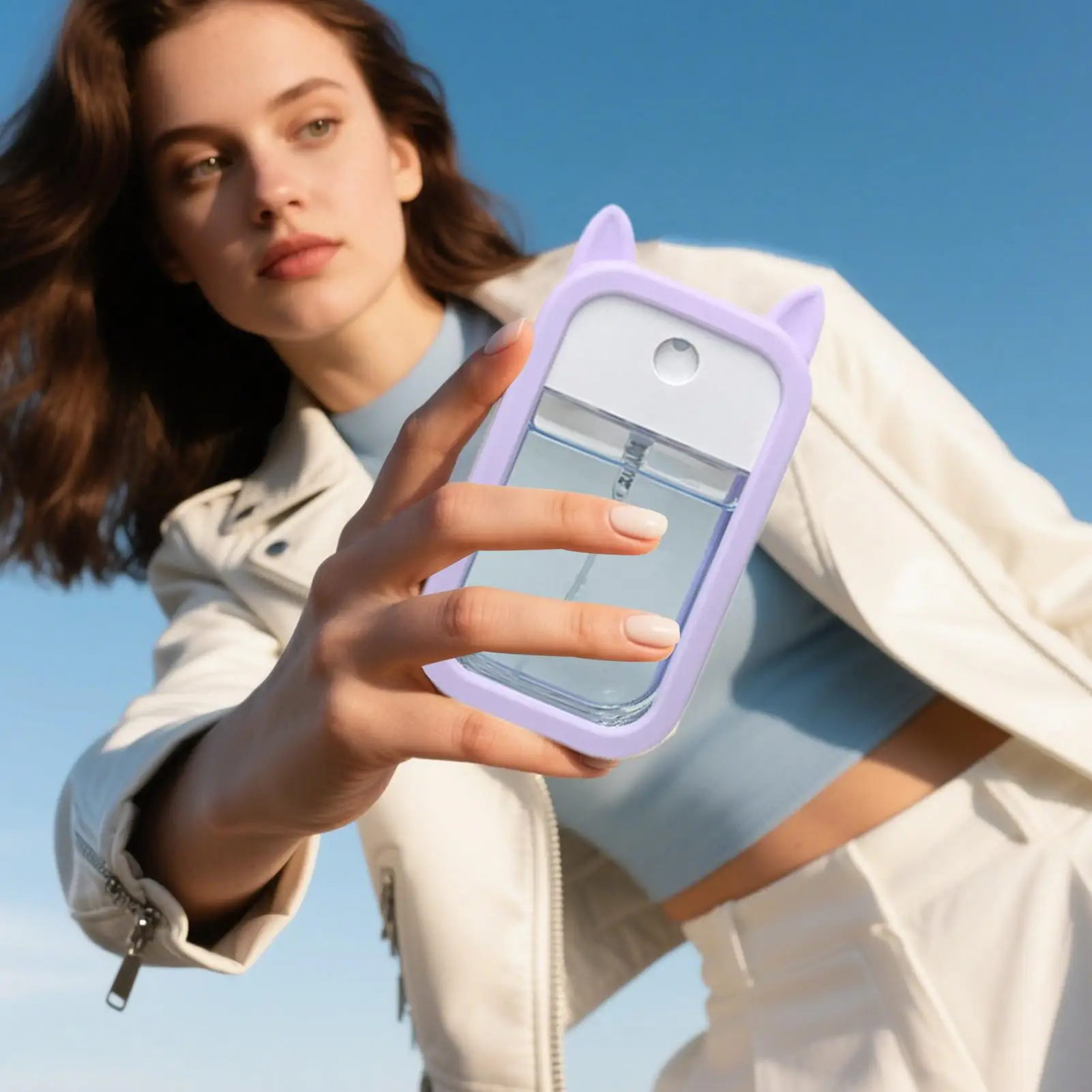 귀여운 귀 모양 실리콘 백팩 액세서리 보호 케이스 키체인 포함 손 미스트 스프레이 케이스 남성용 야외 여행 차량 해변용