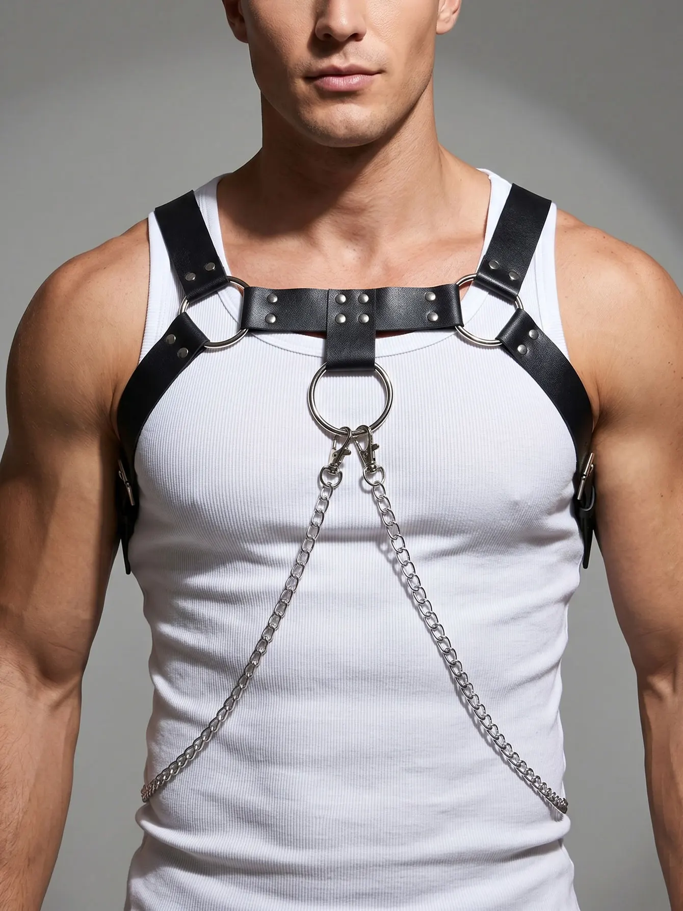 Fashion Men Leather Chest Harness Adjustable Body Harness Belts with Chain Goth Punk Rave Clothing Accessories for Daily Street