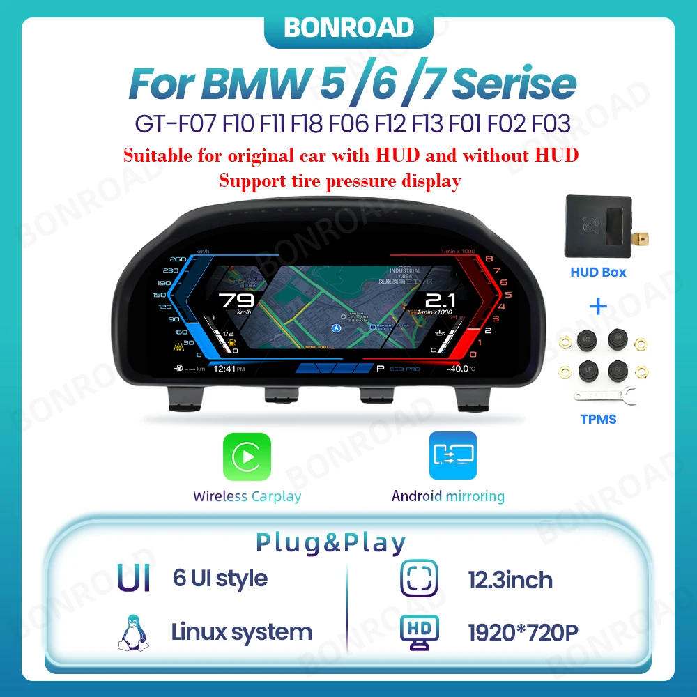 Bonroad Linux 12.3 Inch 1920*720P Wireless Carplay Android Mirroring LCD Digital Instrument Cluster For BMW 5 /6 /7 Serise GT-F07 F10 F11 F18 F06 F12 F13 F01 F02 F03 With HUD Support TPMS Car dashboard Cluster Cockpit Voor Speedometer Display Panel