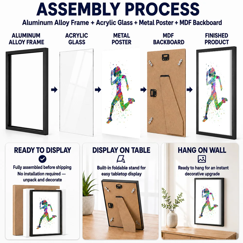 Running Woman Metal Poster With Aluminum Alloy Frame Personalized Paint Splatter Wall Art For Training Studio And Home Office