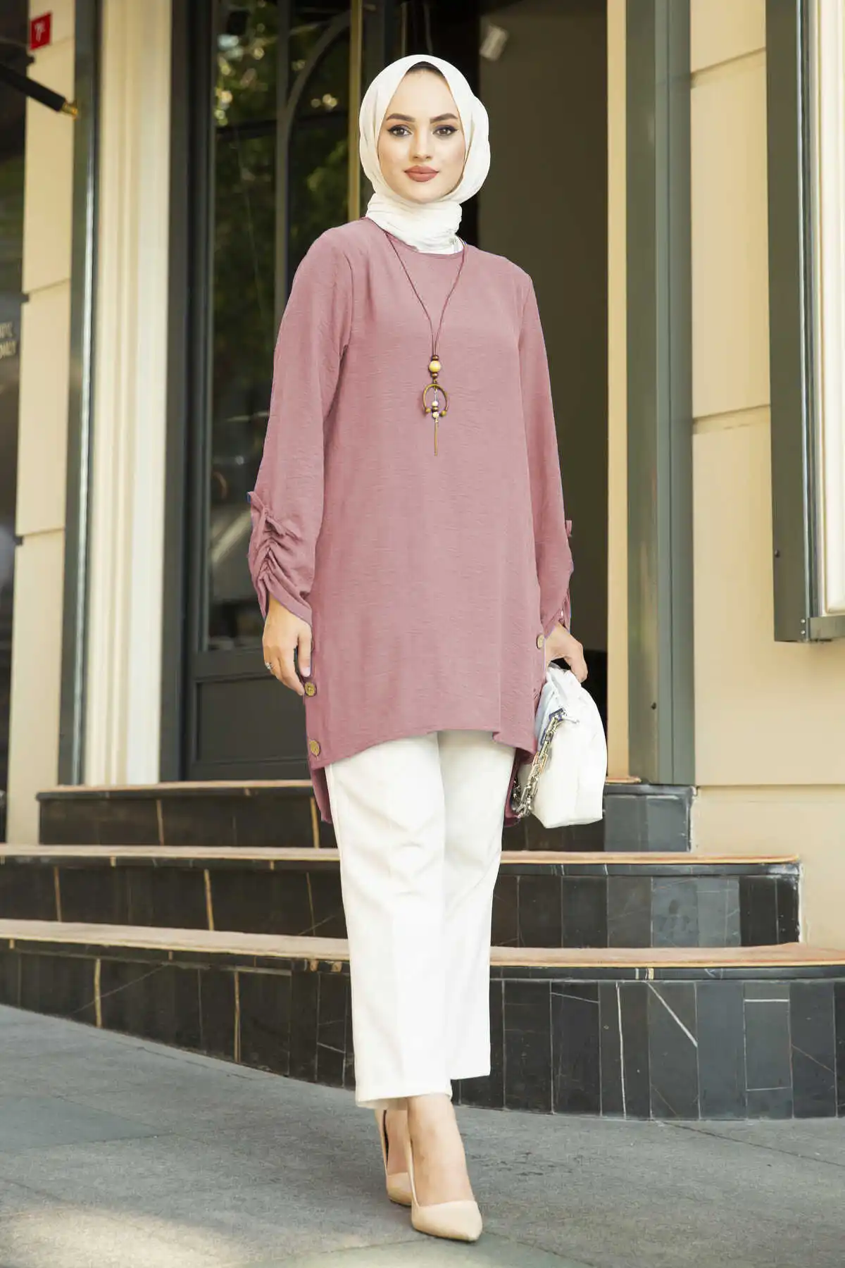 Skirt with Button Detail Aerobin Tunik Powder