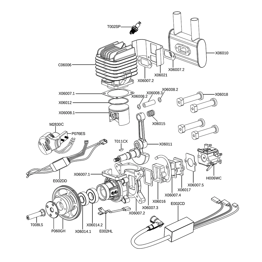 EPHIL 60cc-R PRO Model Airplane Gasoline Engine With Electric Start, Two-Stroke Rear Fixed Wing Engine