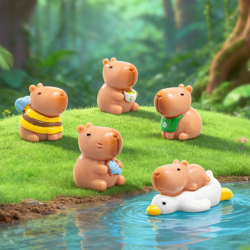 Cute Cartoon Capybara Mini Resin Figurines Set Bee Duck Design Miniature Animal Ornament Micro LandscapeCar Desk Decor Gift