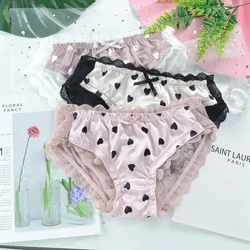 New Women Sexy Lace Transparent Hearts Print Cute Lovely Sweety Underwear Breathable High Stretch Ruffle Bow Panties Breifs