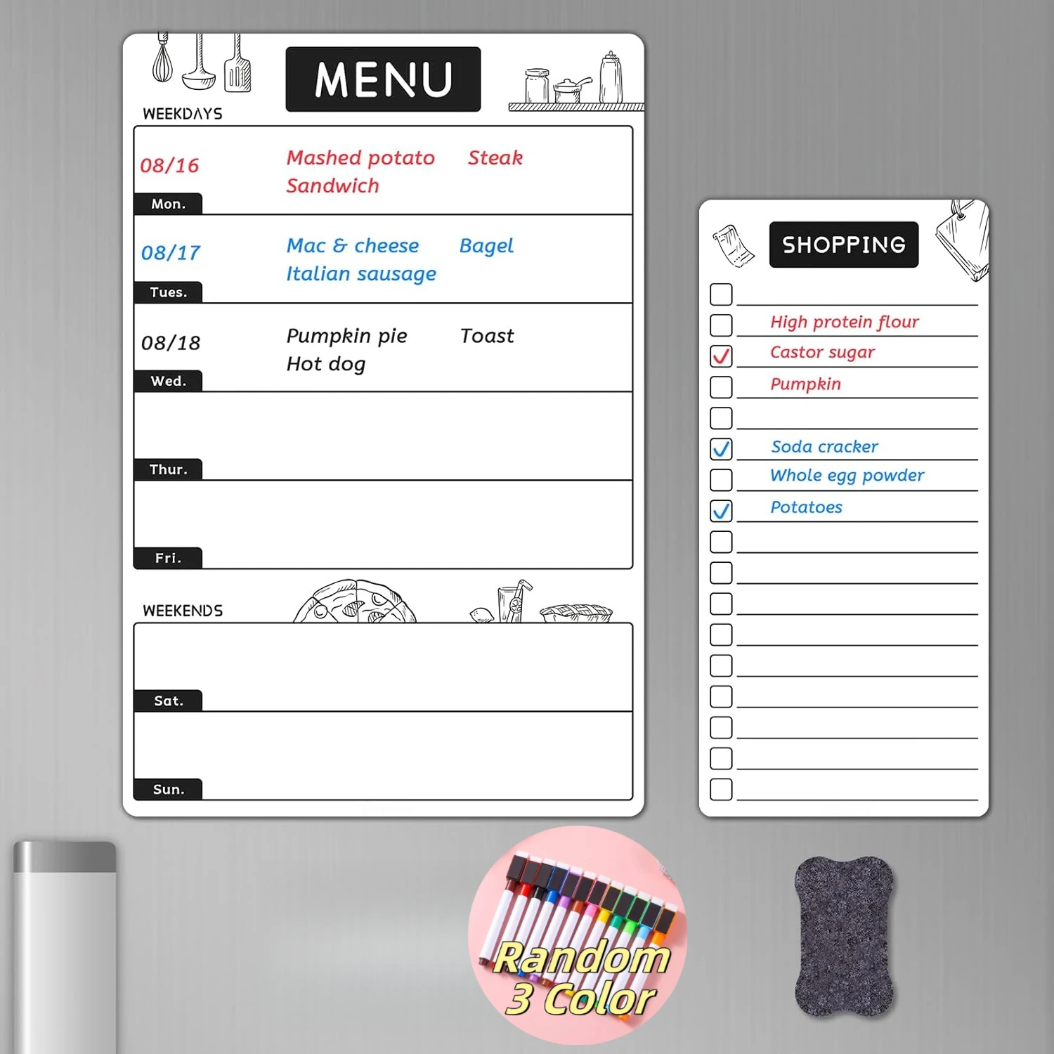 Magnetic Dry Erase Menu Board Fridge, Weekly Meal Planner Whiteboard Set Kitchen Refrigerator - Includes 1 Grocery List, 3 Marke