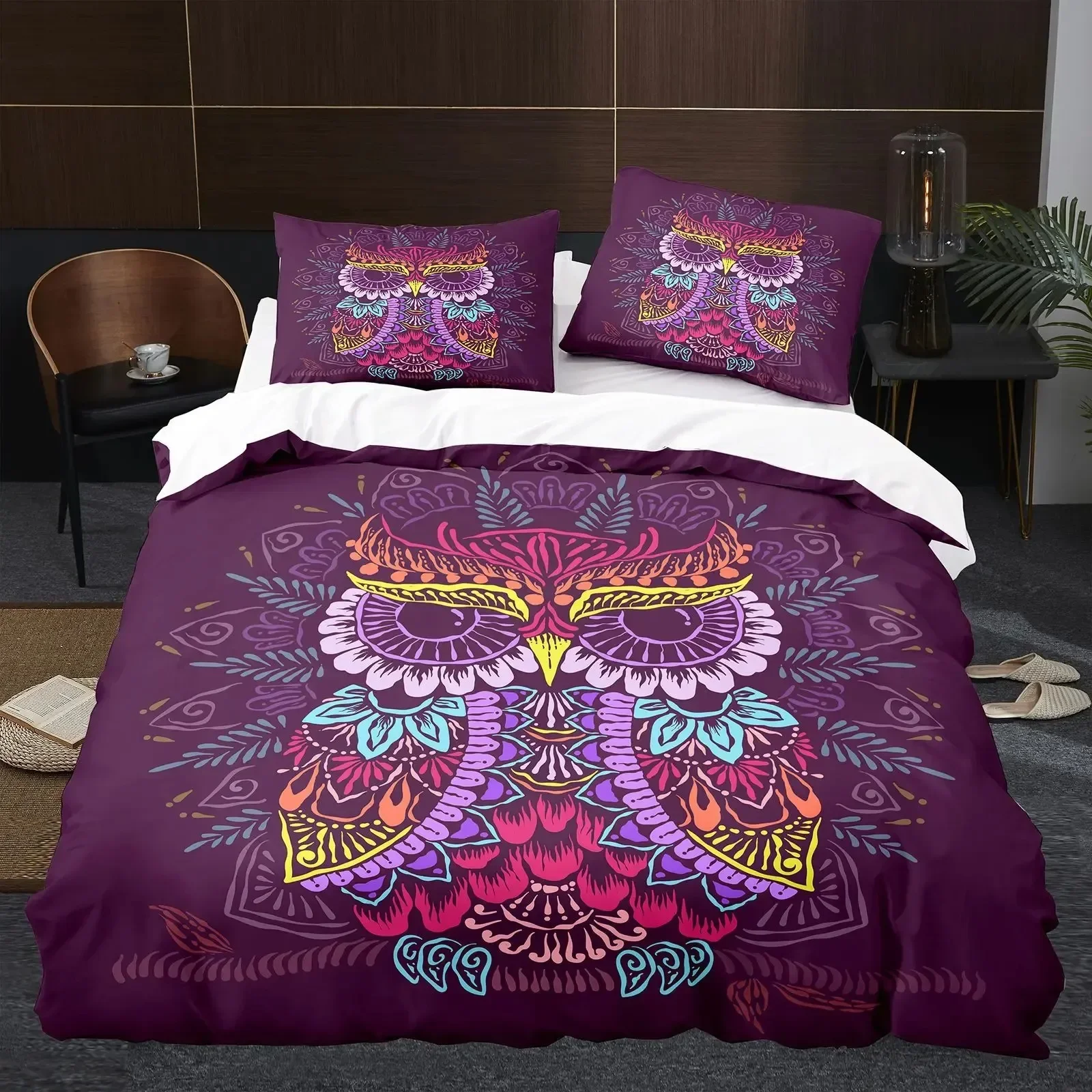 Owl Boys Youth Duvet Cover Set King Queen Cool Black Nighthawk Safari Wildlife Comforter Cover Bird Animal Polyester Bedding Set