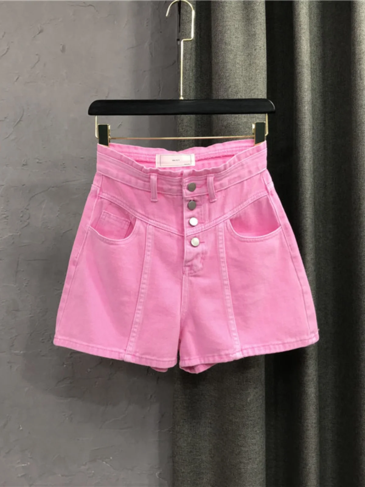 

Pink Denim Shorts 2024 Summer High Waist Single Breasted A-Line Wide Leg Jeans Women Casual Loose Hot Pants