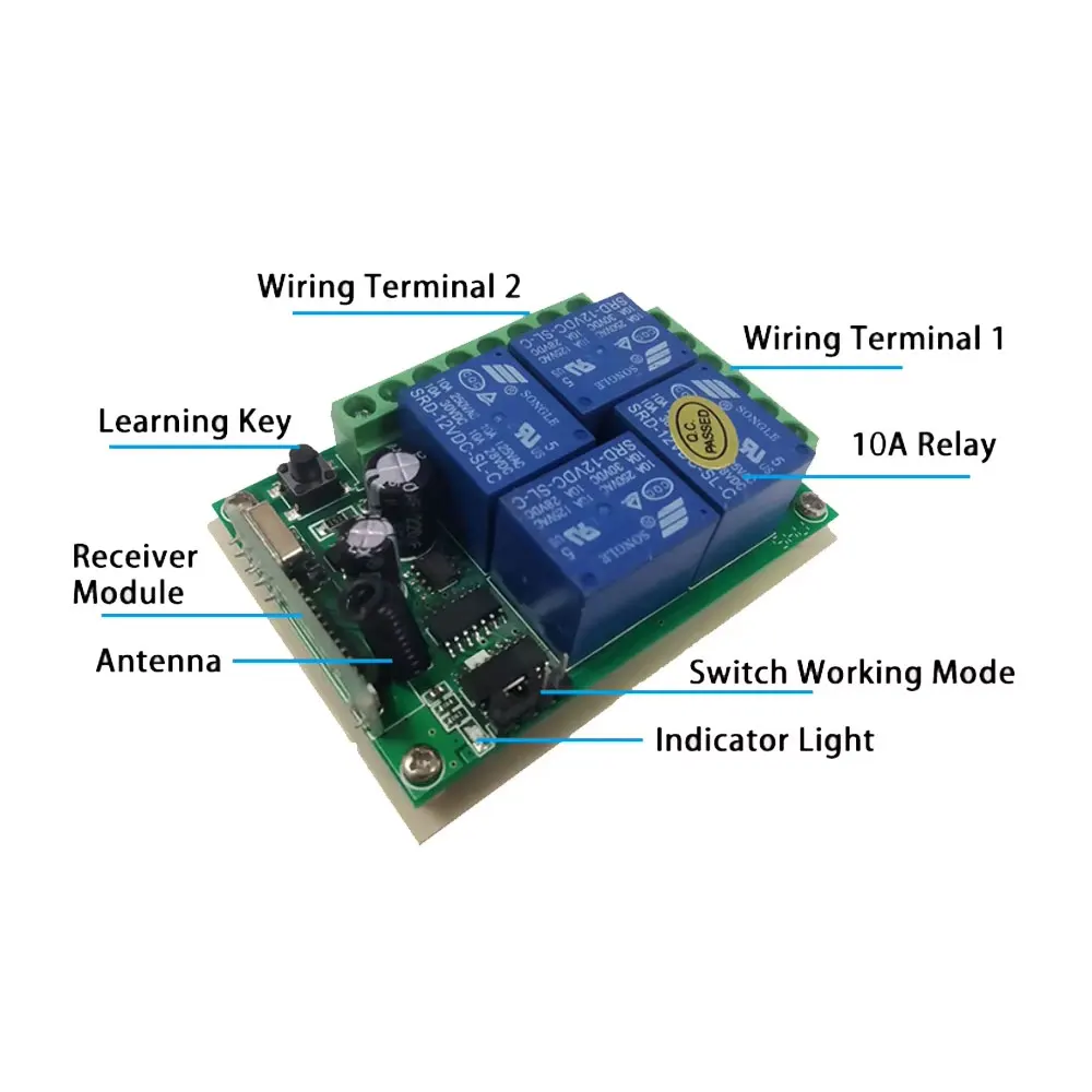 Universal 433 MHz DC 12V Wireless Remote Control Switch 4CH RF Relay Receiver and Transmitter for Garage Gate Door Controller