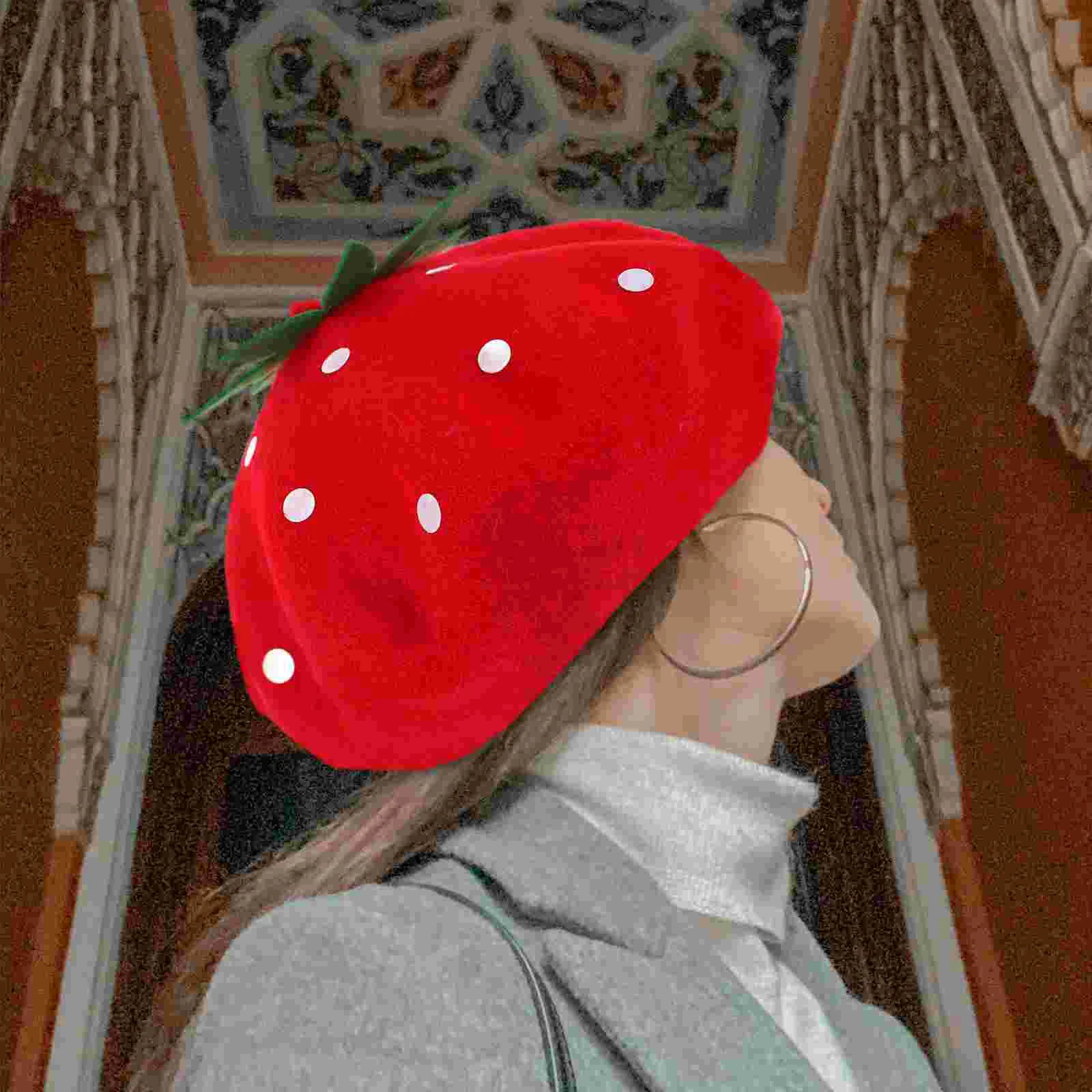 Berets Strawberries Strawberry Shape Headwear Cosplay Hat Fruit Wool Plush Lolita for Kids Blend Toddler Decorative Funny Cap