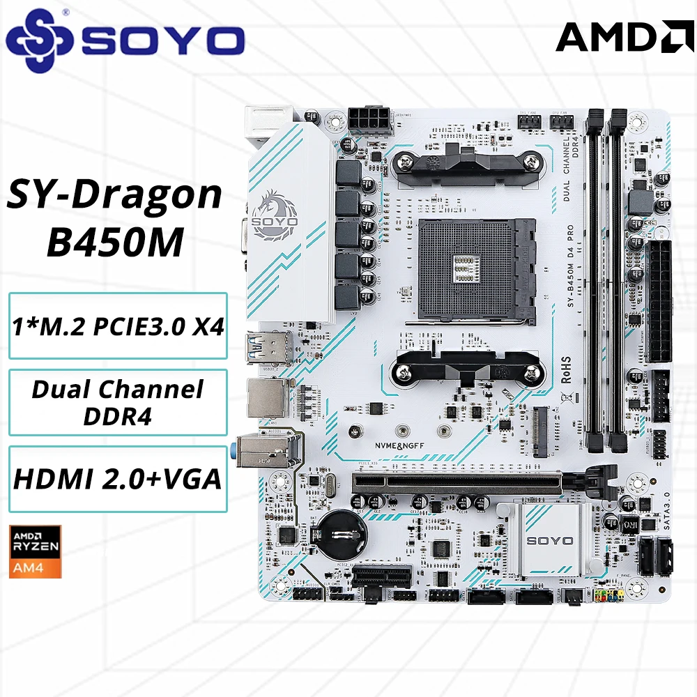 

SOYO AMD B450M Motherboard Dual-Channel DDR4 Memory M.2 NVME AM4 (Supports Ryzen 5500 5600 5600G CPU) For Computer Components