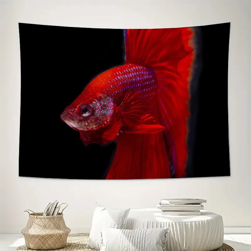 Vibrant Red Betta Fish Tapestry Wall Hanging Canvas Print Tropical Ocean Aquarium Art Decor for Modern Home Living Room Bedroom