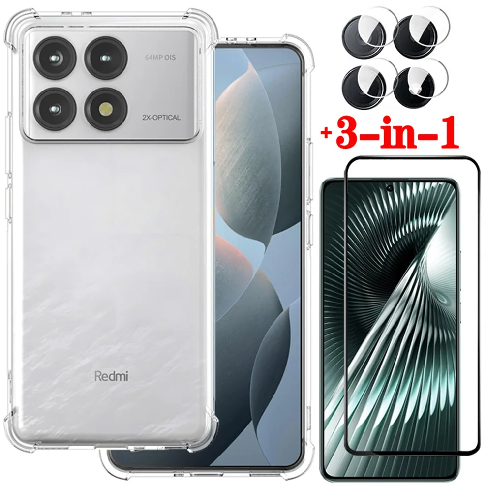 

3-in-1,Silicone Case + Glass for Poco F6 Pro 5G Soft Shockproof Clear Phone Cases Pocophone F6 Pro Cover Xiaomi Poco F6 Pro Case