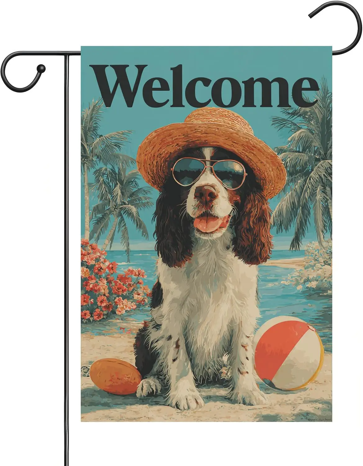 Welcome Spring And Summer English Springer Spaniel Garden Flags Straw Hats Sunglasses Pet Beach Coast Yard Lawn Outdoor Deco AAS
