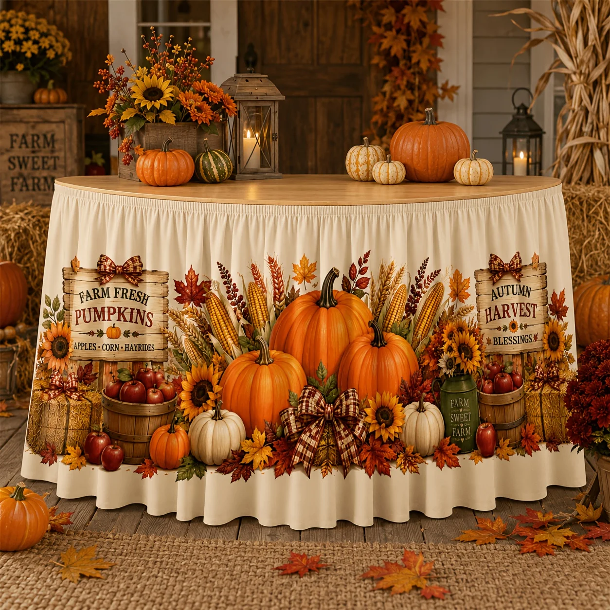 1 piece of tablecloth or table skirt, fresh autumn pumpkins from the farm, autumn harvest, sunflowers, maple leaveszyc