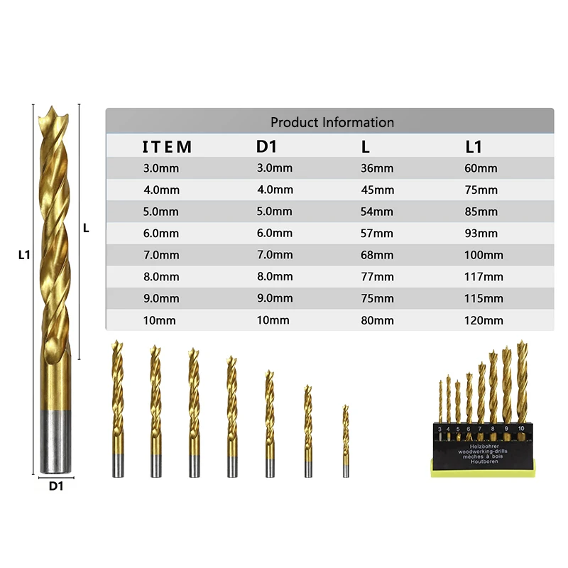 8pcs 3-10mm Titanium Coated Wood Drill Bit With Center Point 3 Flutes Twist Drill Bit Round Shank Brad Point Drill Bit