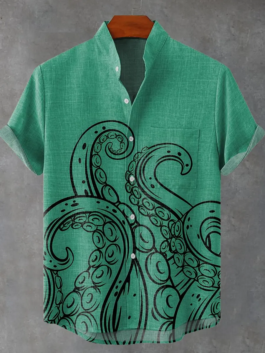 Summer 2025 New Art Deep Sea Giant Octopus Monster Pattern Linen Men's Short Sleeve Shirt Casual Comfortable Button Top